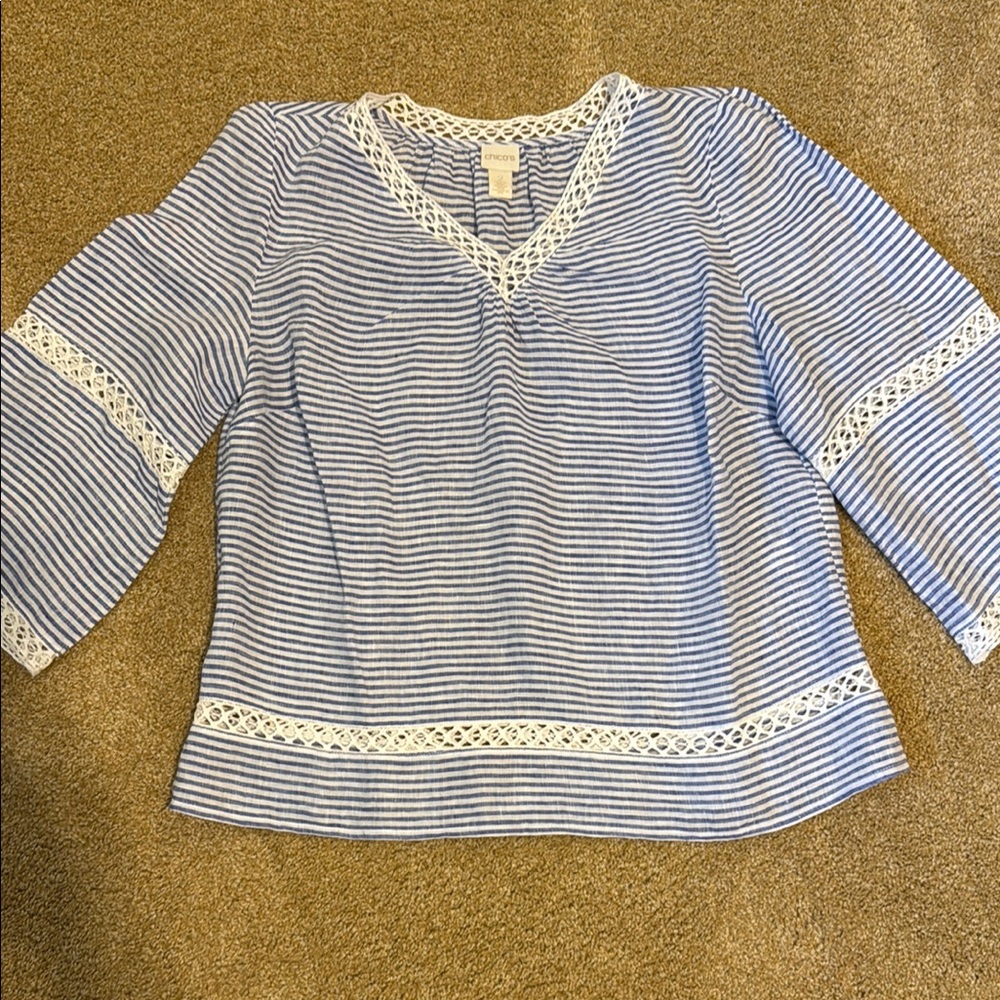 Chico's Blue and White Boxy Blouse with Lace Trim